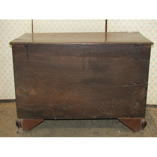 2457 - A simple 18th century oak mule chest with rising lid over a single frieze drawer on later shaped sup... 