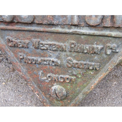 742 - A old heavy kite shaped cast iron Great Western Railway notice 126cm x 78cm