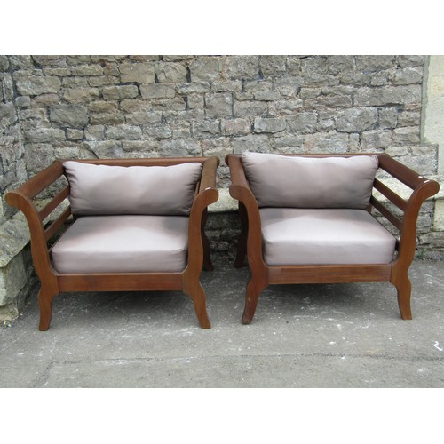 737a - A pair contemporary hardwood conservatory/garden chairs with generous seats swept open slatted arms ... 