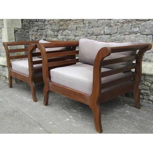 737a - A pair contemporary hardwood conservatory/garden chairs with generous seats swept open slatted arms ... 