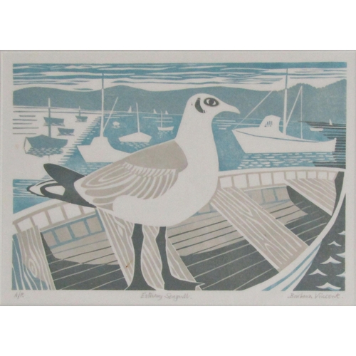 227 - BARBARA VINCENT (20TH CENTURY CONTEMPORARY)
'ESTUARY SEAGULL'
linocut in colours, signed, artist's p... 