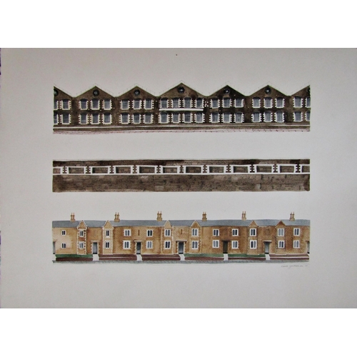 240 - DAVID GENTLEMAN (b.1930)
'SWINDON SHEDS, RAILWAY WALL AND RAILWAY HOUSES'
hand coloured lithograph a... 