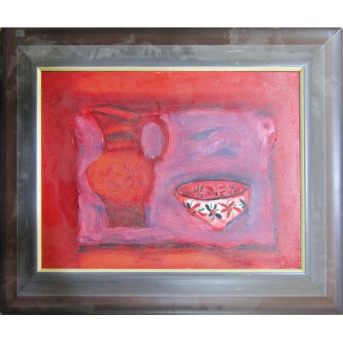 68 - BRITISH SCHOOL, 20TH CENTURY
'SILL LIFE OF A PINK BOWL AND JUG'
oil on canvas, indistinctly signed l... 