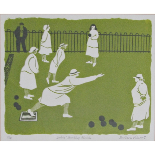 61 - BARBARA VINCENT (20TH CENTURY CONTEMPORARY)
'LADIES BOWLING MATCH'
linocut in colours, signed, title... 