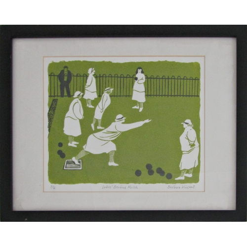 61 - BARBARA VINCENT (20TH CENTURY CONTEMPORARY)
'LADIES BOWLING MATCH'
linocut in colours, signed, title... 