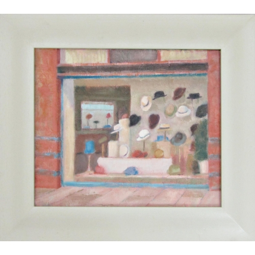 99 - 20TH CENTURY CONTEMPORARY
'HAT SHOP'
oil on board, unsigned
25cm x 30cm