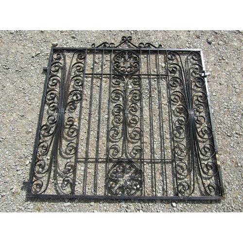 2023 - A pair of painted iron entrance gates with decorative open scroll detail, 272 cm wide x 137 cm high ... 