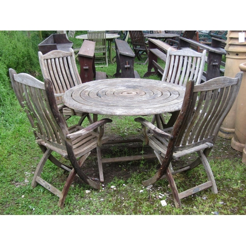 2037 - An Alexander Rose weathered teak folding garden table with concentric circular slatted top, 130 cm d... 