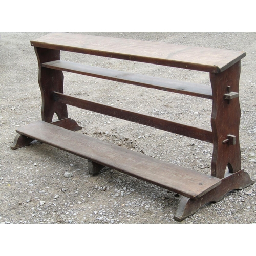 2053 - A stained pitch pine chapel prayer kneeling rail with pegged frame and sledge supports, 192 cm long ... 