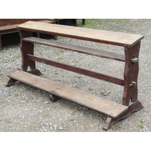 2055 - A stained pitch pine chapel prayer kneeling rail with pegged frame and sledge supports, 192 cm long ... 