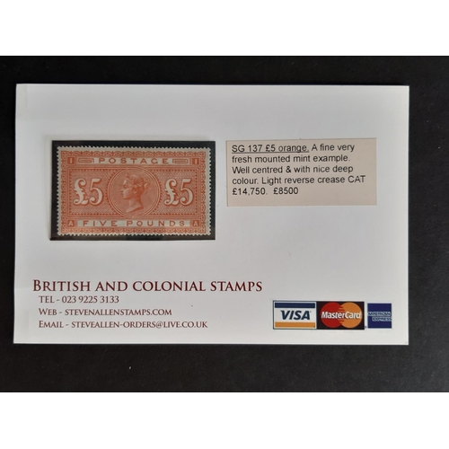 137 - 1867-83 QV SG137 £5 orange WMK Large Anchor. Fresh MM example, well centered and deep colour. Has a ... 