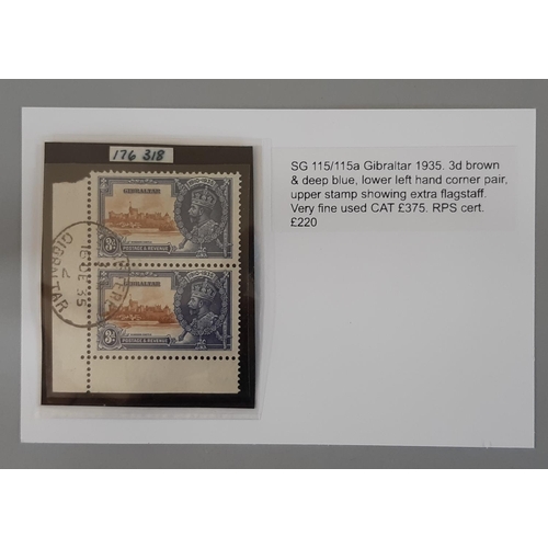 16 - Gibraltar 1935 Silver Jubilee SG 115/115a VFU, lower left hand corner pair, upper stamp showing the ... 