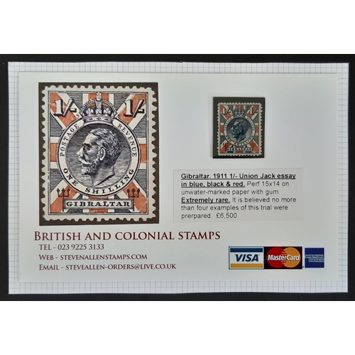 78 - Gibraltar. The extremely rare 1911 1/- KGV Union Jack essay in blue, black and red. It is believed t... 