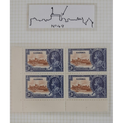 54 - Gambia 1935 Silver Jubilee set complete in positional fourblocks each showing the ‘extra flagstaff’ ... 