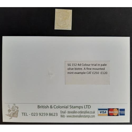 147 - 1873-80 SG152 4d olive bistre pl15 imperf colour trial, WMK large garter clearly visible. A fine MM ... 