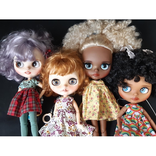 593 - Four customised Blythe dolls by Hasbro/Tomy; all are 'Neo' type with 2006 doll mould, jointed limbs,... 