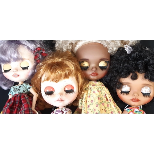 593 - Four customised Blythe dolls by Hasbro/Tomy; all are 'Neo' type with 2006 doll mould, jointed limbs,... 