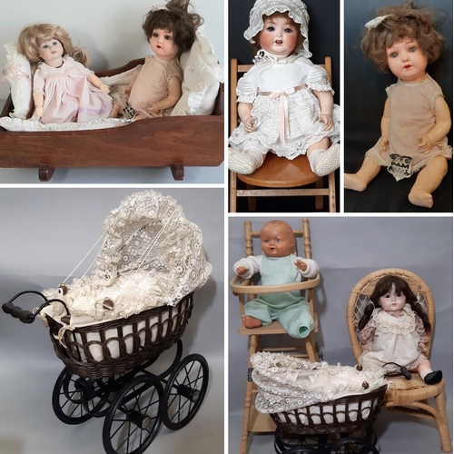 597 - Collection of antique and reproduction dolls and accessories including a large bisque head character... 