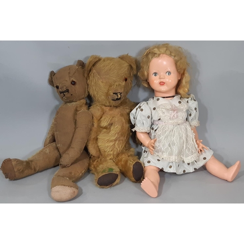 595 - Two vintage teddy bears for restoration, both approx height 49cm together with a Palitoy walking dol... 