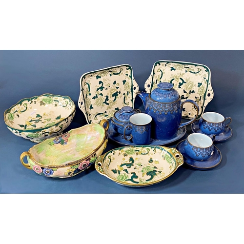 102 - A collection of  ceramics including four Masons Chartreuse pattern pieces, a Maling bowl with floral... 