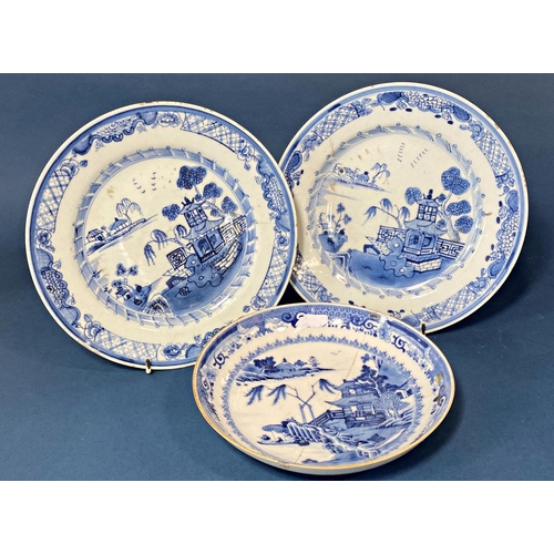 50 - Three 18th Century Chinese blue and white porcelain dishes, largest diameter 23.5 cm (3)