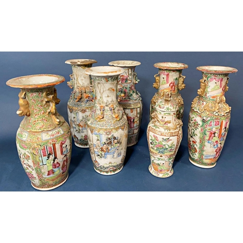 63 - Collection of 19th Century Chinese Canton famille rose baluster vases with moulded chi long, one wit... 