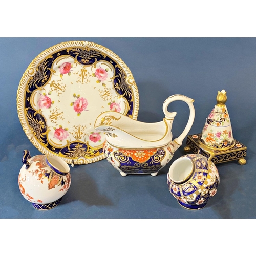 78 - A 19th century Davenport pastille burner, two Crown Derby salts, Derby creamer, Chamberlains Worcest... 