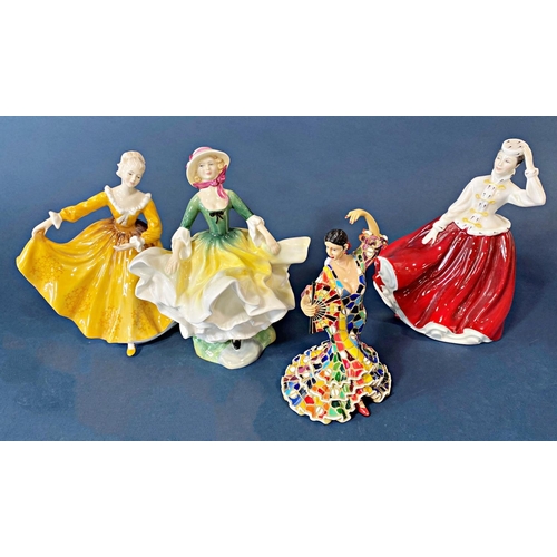 87 - Three Royal Doulton figures, Becky, Gail and Kirsty, together with a further Spanish dancer in resin... 