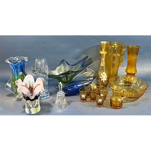 141 - Three mid 20th century European Art Glass blown vases, a blue glass dolphin, a Caithness vase, an am... 