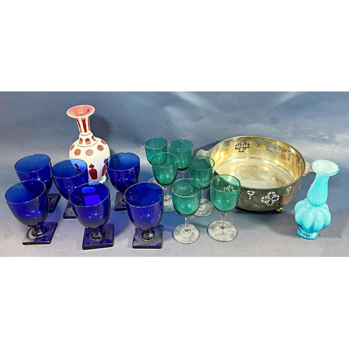 144 - Six blue wine glasses on square feet, six pale green wine glasses with clear stems, a red and white ... 