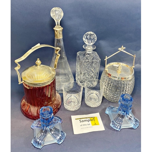 147 - A mixed selection of glass ware, including a tall modern decanter with a silver collar, a pair of pa... 