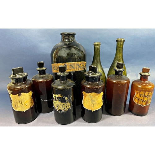 151 - A large dark brown Apothecary bottle (lacks stopper) labelled Aq Cinnam 34cm high, six smaller Apoth... 