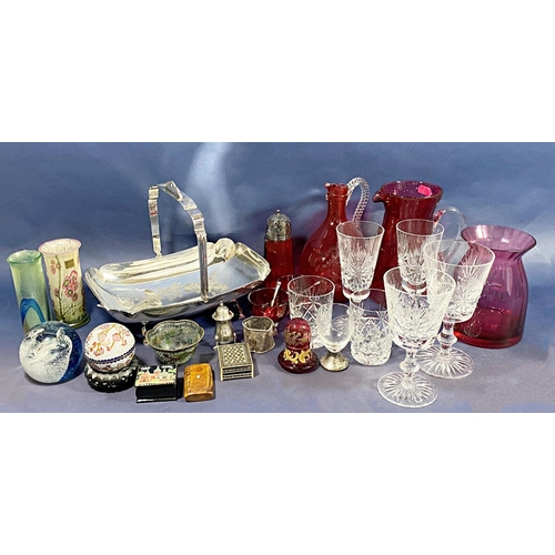 156 - A mixed selection of glass ware, including a Caithness paperweight, a pair of cranberry glass salt b... 