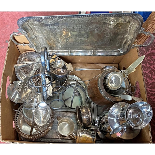 175 - A mixed selection of silver plated table ware including a double handled bowl, trays, loose flatware... 