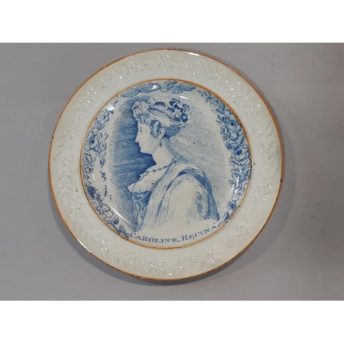 70A - 19th Century Staffordshire pearlware commemorative child's plate with relief foliate border and blue... 