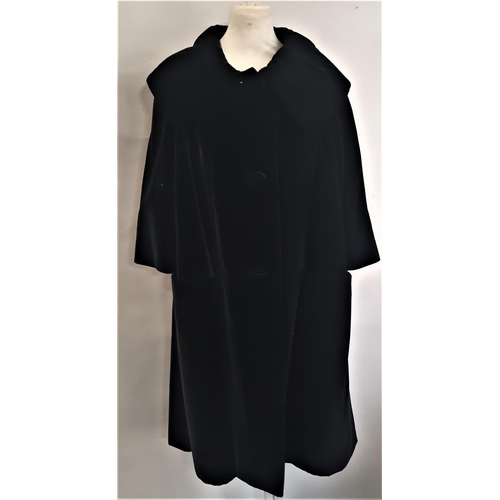 431 - Circa 1930's ladies black coat with wide collar, stiffened cotton velvet with swing back, ivory silk... 