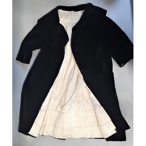 431 - Circa 1930's ladies black coat with wide collar, stiffened cotton velvet with swing back, ivory silk... 