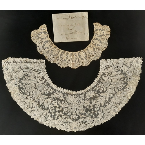 462 - 2 antique bobbin lace collars, the larger with depth 16cm, diameter when laid flat 55cm