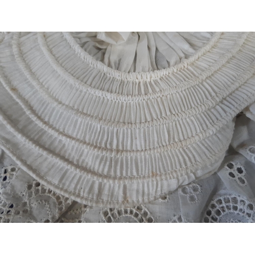 463 - Two Victorian white cotton hats elaborately sculpted with broderie anglais together with a starched ... 