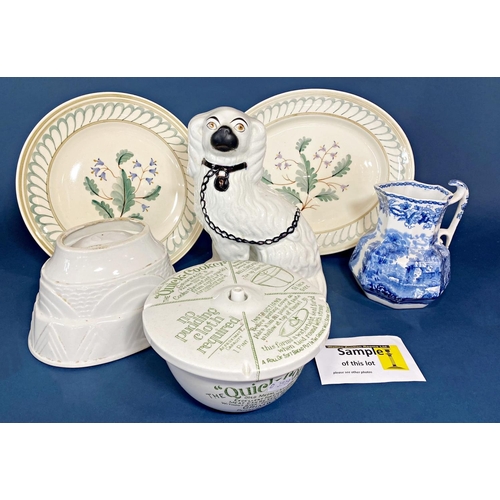 78 - Three Booth's blue and white graduated jugs, British scenery pattern, two Edwardian quick cookers, a... 