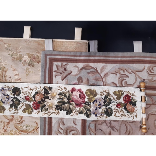 438 - Needlepoint wall hanging 1.8x1.16m in floral classical style in muted shades, together with a needle... 