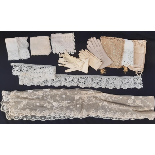 460 - Late 19th /early 20th century ladies lace and accessories including an embroidered net veil 240x47cm... 