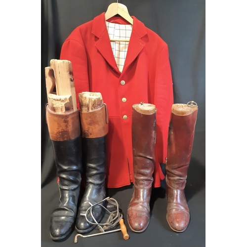 440 - Fox hunting wear; red Huntsman/ Master's jacket with brass buttons marked 'LH', together with 2 pair... 