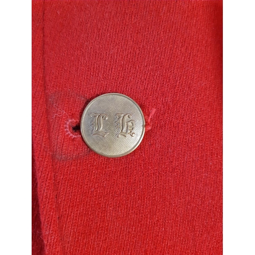 440 - Fox hunting wear; red Huntsman/ Master's jacket with brass buttons marked 'LH', together with 2 pair... 