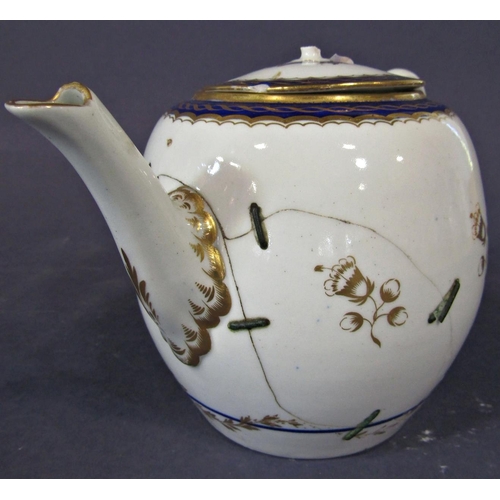 13 - A collection 18th century Crescent Worcester china wares comprising teapot (af stapled and knop miss... 