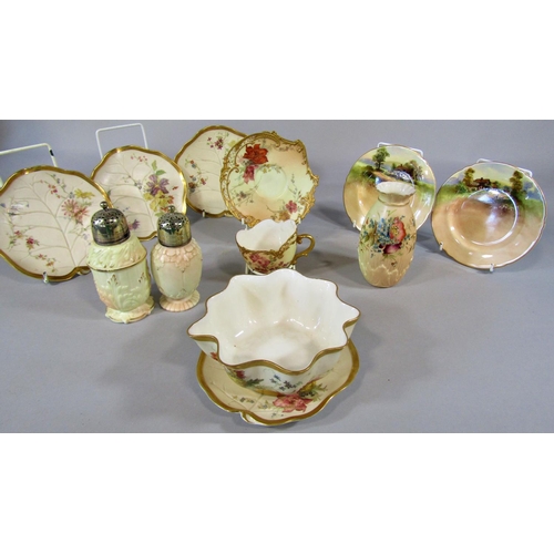 65 - A collection of Royal Worcester blush ivory ware comprising leaf shaped dishes, cabinet cup and sauc... 