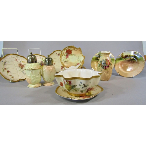 65 - A collection of Royal Worcester blush ivory ware comprising leaf shaped dishes, cabinet cup and sauc... 