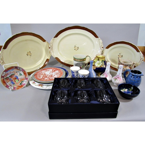 66 - Three graduated Royal Venton meat platters, a puzzle jug, a boxed set of Stuart Crystal glasses, etc