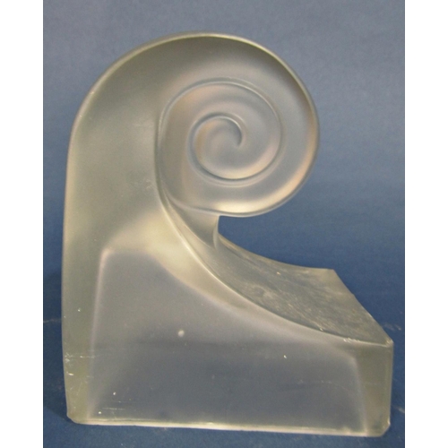 104 - A pair of frosted glass scrolled bookends on a square base, 12.5 high x 10cm wide