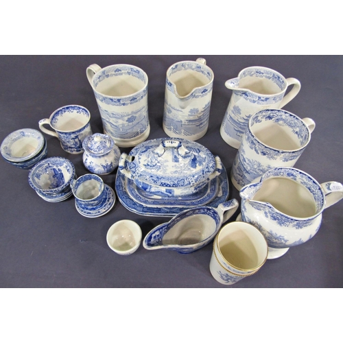 27 - A collection of 19th century blue and white ceramics including two water jugs and a tankard with chi... 